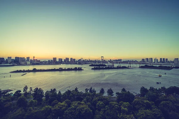 日本の夕暮れ日没時美しい建築レインボー ブリッジと東京都市の景観 — ストック写真