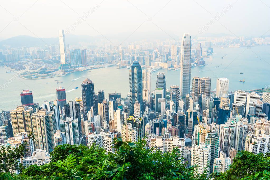 Beautiful architecture building exterior cityscape of hong kong city skyline with blue sky background