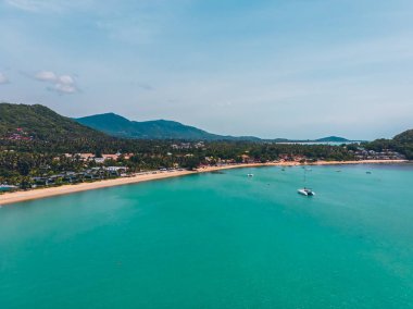Seyahat ve tatil için adada güzel tropikal plaj ve deniz ağaçları ile havadan görünümü