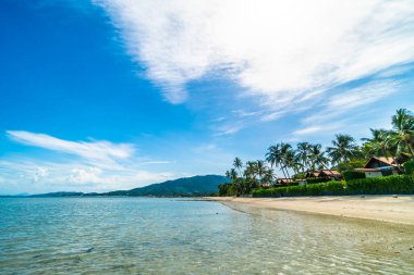 Güzel tropikal plaj deniz ve kum mavi gökyüzü ve beyaz bulut seyahat ve tatil için Hindistan cevizi hurma ağacı ile