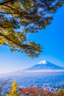 Güzel manzara dağ fuji akçaağaç yaprağı ağaç beyaz bulut ve Yamanashi Japonya sonbahar sezonu mavi gökyüzü ile çevresinde