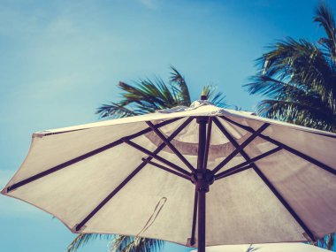 Hindistan cevizi hurma ağacı ile deniz okyanus seyahat ve tatil için mavi gökyüzü arka plan üzerinde Beyaz şemsiye