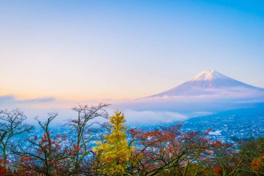 Güzel manzara dağ fuji akçaağaç yaprağı ağaç beyaz bulut ve Yamanashi Japonya sonbahar sezonu mavi gökyüzü ile çevresinde