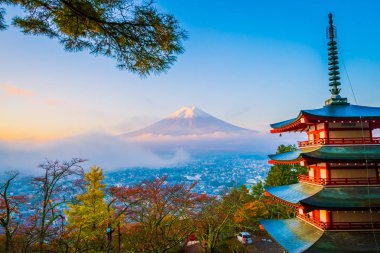 Dağ fuji chureito pagoda akçaağaç ağaç yaprak sonbahar sezonu Yamanashi Japonya çevresinde ile güzel manzara