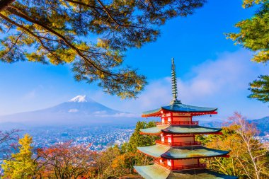 Dağ fuji chureito pagoda akçaağaç ağaç yaprak sonbahar sezonu Yamanashi Japonya çevresinde ile güzel manzara