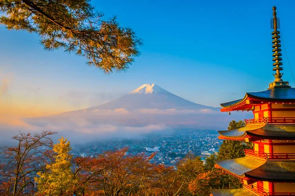 Bela Paisagem Fuji Montanha Com Pagode Chureito Torno Árvore Folha — Fotografia de Stock