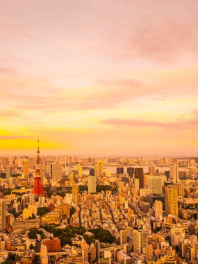Japonya'da günbatımı zaman şehirde bina mimari ve tokyo kule güzel havadan görünümü