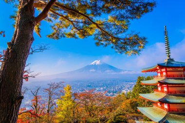 Dağ fuji chureito pagoda akçaağaç ağaç yaprak sonbahar sezonu Yamanashi Japonya çevresinde ile güzel manzara