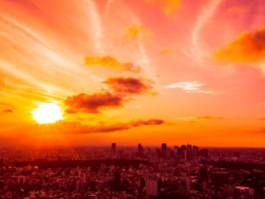 Güzel havadan görünümü, mimari ve günbatımı zaman Japonya'nın tokyo şehir etrafında bina
