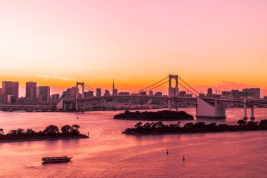 Alacakaranlık günbatımı zaman Japonya'nın tokyo şehir Gökkuşağı Köprüsü ile Cityscape bina güzel mimari