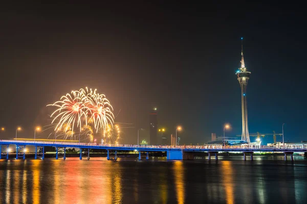 Belo Fogo Artifício Com Torre Macau Cidade Noite — Fotografia de Stock