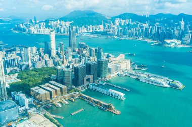 Hong kong şehir manzarası ile mavi gökyüzü arka plan dış cityscape bina güzel mimari