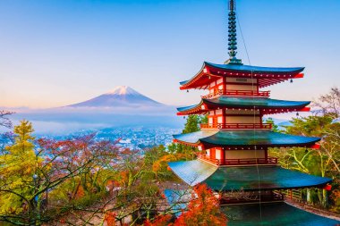 Dağ fuji chureito pagoda akçaağaç ağaç yaprak sonbahar sezonu Yamanashi Japonya çevresinde ile güzel manzara