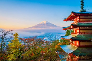 Dağ fuji chureito pagoda akçaağaç ağaç yaprak sonbahar sezonu Yamanashi Japonya çevresinde ile güzel manzara