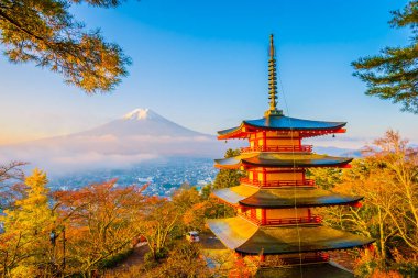 Dağ fuji chureito pagoda akçaağaç ağaç yaprak sonbahar sezonu Yamanashi Japonya çevresinde ile güzel manzara