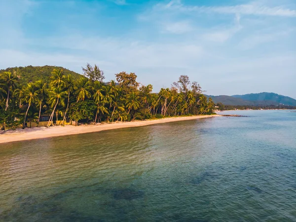 Seyahat ve tatil için adada güzel tropikal plaj ve deniz ağaçları ile havadan görünümü