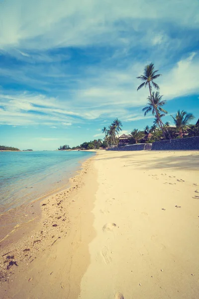 Güzel tropikal plaj deniz ve kum mavi gökyüzü ve beyaz bulut seyahat ve tatil için Hindistan cevizi hurma ağacı ile