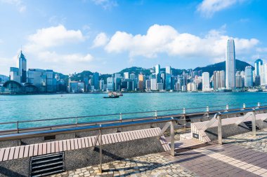 Hong kong şehir manzarası ile mavi gökyüzü arka plan dış cityscape bina güzel mimari