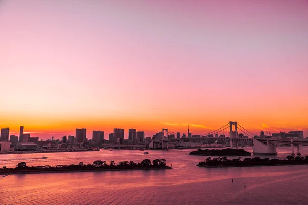 Beautiful Architecture Building Cityscape Tokyo City Rainbow Bridge Twilight Sunset — Stock Photo, Image