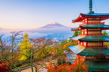 Dağ fuji chureito pagoda akçaağaç ağaç yaprak sonbahar sezonu Yamanashi Japonya çevresinde ile güzel manzara