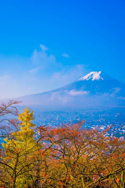 Beautiful landscape of mountain fuji around maple leaf tree with white cloud and blue sky in autumn season at Yamanashi Japan