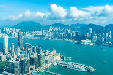 Hong kong şehir manzarası ile mavi gökyüzü arka plan dış cityscape bina güzel mimari