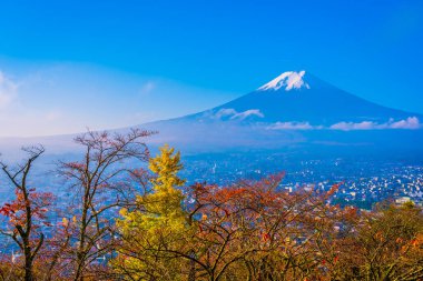 Güzel manzara dağ fuji akçaağaç yaprağı ağaç beyaz bulut ve Yamanashi Japonya sonbahar sezonu mavi gökyüzü ile çevresinde