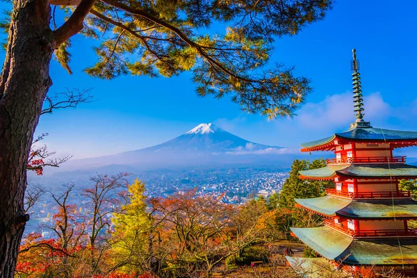 在日本山梨县的红叶树周围的红塔 美丽的山富吉风景 — 图库照片