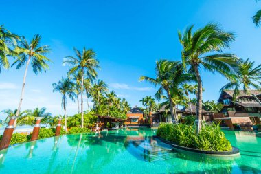 Hindistan cevizi hurma ağacının etrafında seyahat ve tatil için deniz ve okyanus görünümü ile güzel açık yüzme havuzu