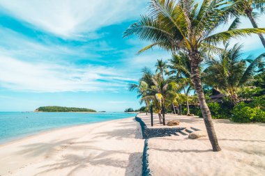 Güzel tropikal plaj deniz ve kum mavi gökyüzü ve beyaz bulut seyahat ve tatil için Hindistan cevizi hurma ağacı ile