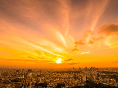 Güzel havadan görünümü, mimari ve günbatımı zaman Japonya'nın tokyo şehir etrafında bina
