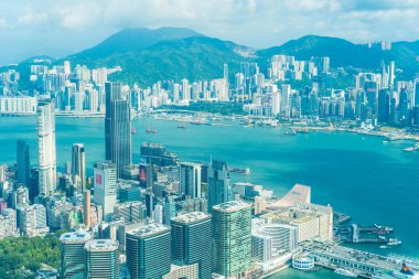 Hong kong şehir manzarası ile mavi gökyüzü arka plan dış cityscape bina güzel mimari