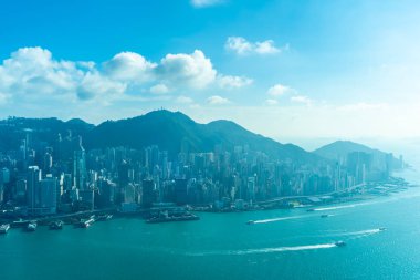 Hong kong şehir manzarası ile mavi gökyüzü arka plan dış cityscape bina güzel mimari