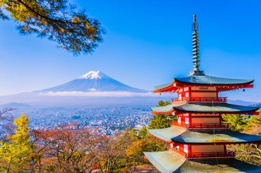 Dağ fuji chureito pagoda akçaağaç ağaç yaprak sonbahar sezonu Yamanashi Japonya çevresinde ile güzel manzara