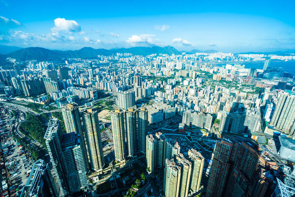 Beautiful architecture building exterior cityscape of hong kong city skyline on blue sky