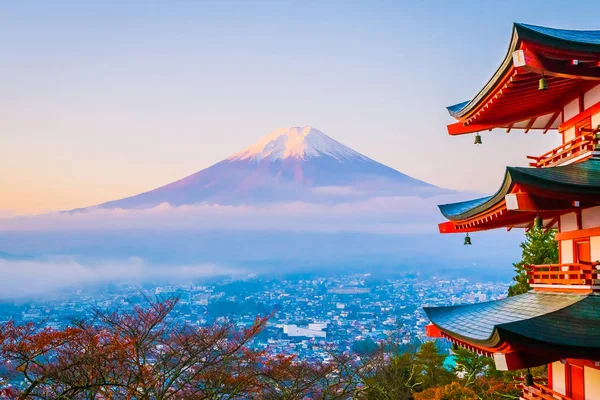 Bela Paisagem Fuji Montanha Com Pagode Chureito Torno Árvore Folha — Fotografia de Stock