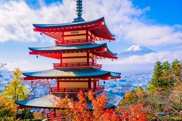 Bela Paisagem Fuji Montanha Com Pagode Chureito Torno Árvore Folha — Fotografia de Stock