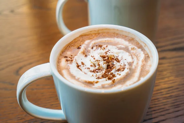 Cacao Caliente Chocolate Taza Blanca Taza Mesa Madera — Foto de Stock