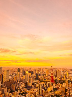 Japonya'da günbatımı zaman şehirde bina mimari ve tokyo kule güzel havadan görünümü