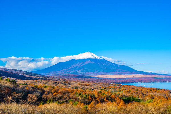 Beautiful landscape of fuji mountain in yamanakako or yamanaka lake in autumn season Japan