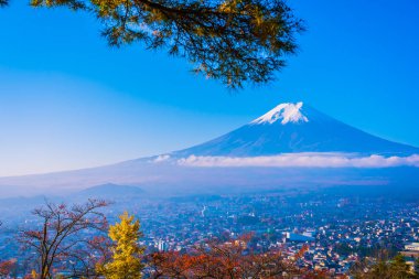 Güzel manzara dağ fuji akçaağaç yaprağı ağaç beyaz bulut ve Yamanashi Japonya sonbahar sezonu mavi gökyüzü ile çevresinde