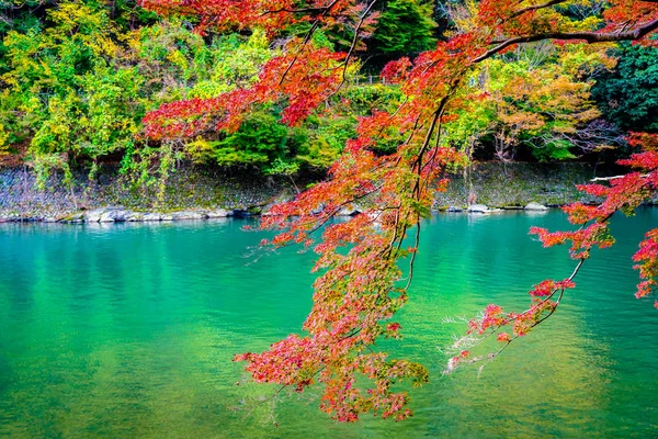 Belle Rivière Arashiyama Avec Feuille Érable Bateau Autour Lac Automne — Photo