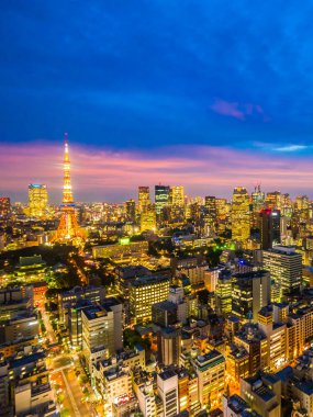 Şehir Japonya'da günbatımı zamanı, güzel mimarisi ve tokyo kule