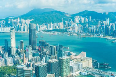 Hong kong şehir manzarası ile mavi gökyüzü arka plan dış cityscape bina güzel mimari