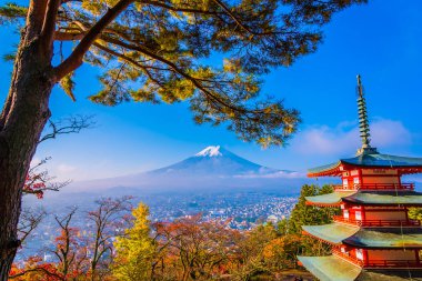 Dağ fuji chureito pagoda akçaağaç ağaç yaprak sonbahar sezonu Yamanashi Japonya çevresinde ile güzel manzara