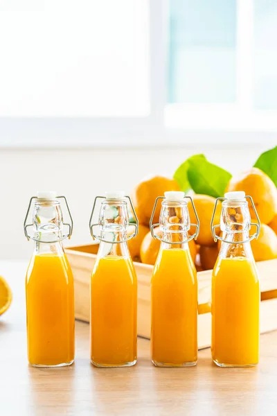 Fresh Orange Juice Drink Bottle Glass Wooden Table Healthy Food — Stock Photo, Image