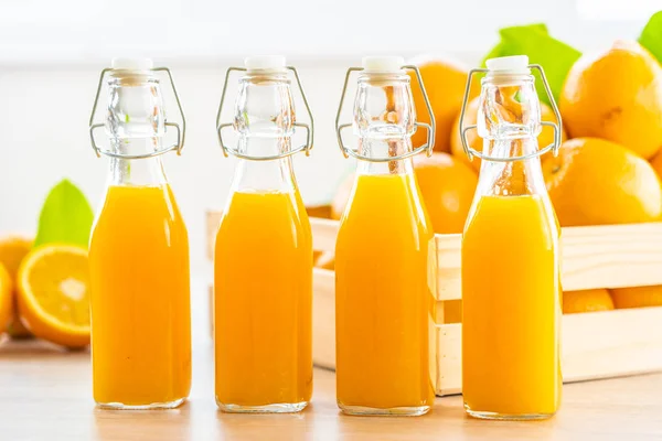 Fresh Orange Juice Drink Bottle Glass Wooden Table Healthy Food — Stock Photo, Image