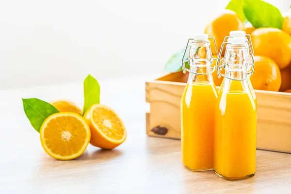 Fresh Orange Juice Drink Bottle Glass Wooden Table Healthy Food — Stock Photo, Image