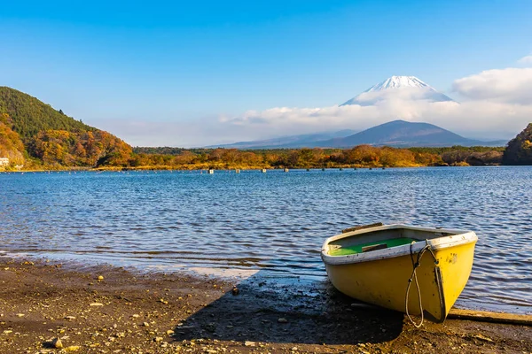 Bela Paisagem Fuji Montanha Com Barco Árvore Folha Bordo Torno — Fotografia de Stock