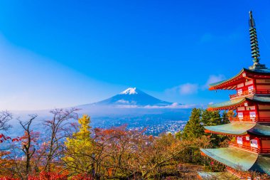 Dağ fuji chureito pagoda akçaağaç ağaç yaprak sonbahar sezonu Yamanashi Japonya çevresinde ile güzel manzara